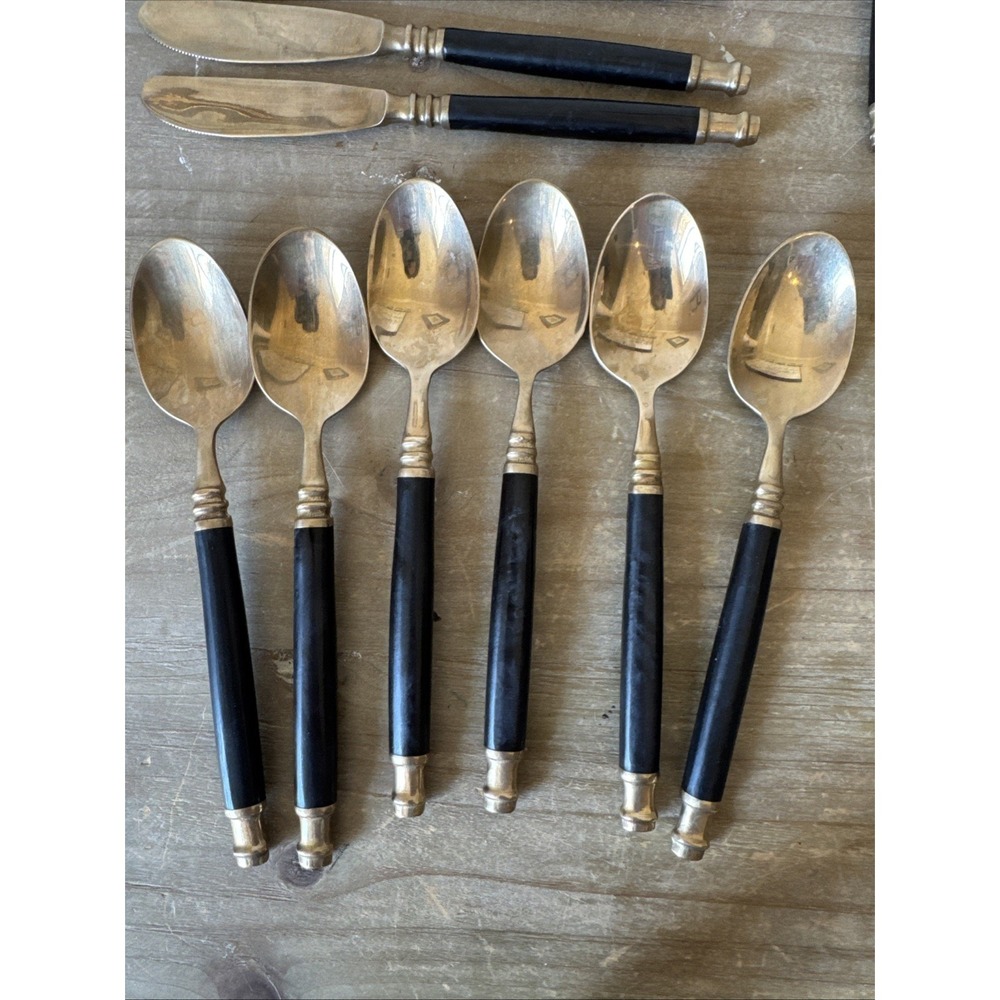Vintage Brass & Black Bakelite Set Flatware Silverware 32 Piece Set - Picture 2 of 13